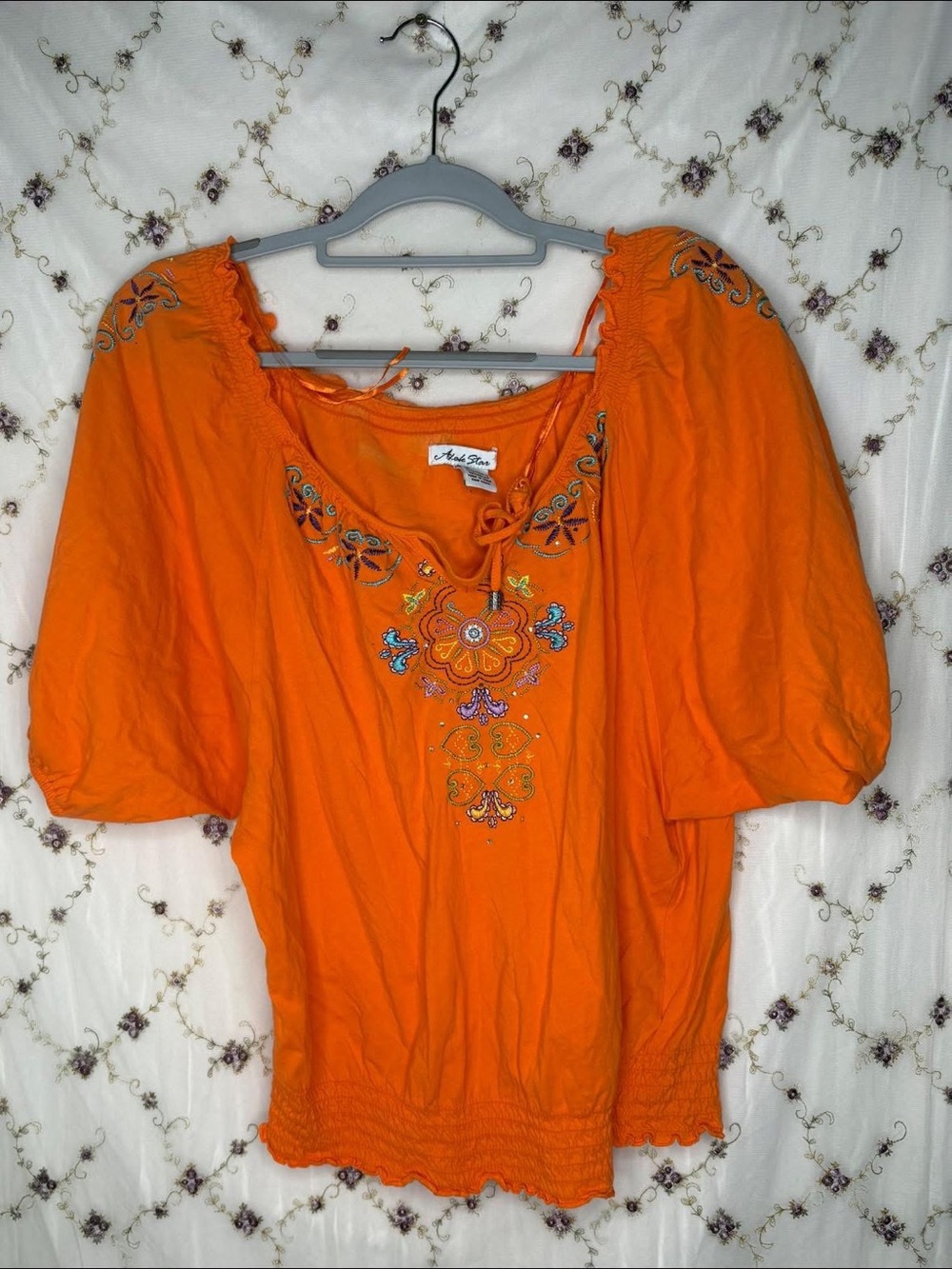 Orange Embroidered Peasant Top